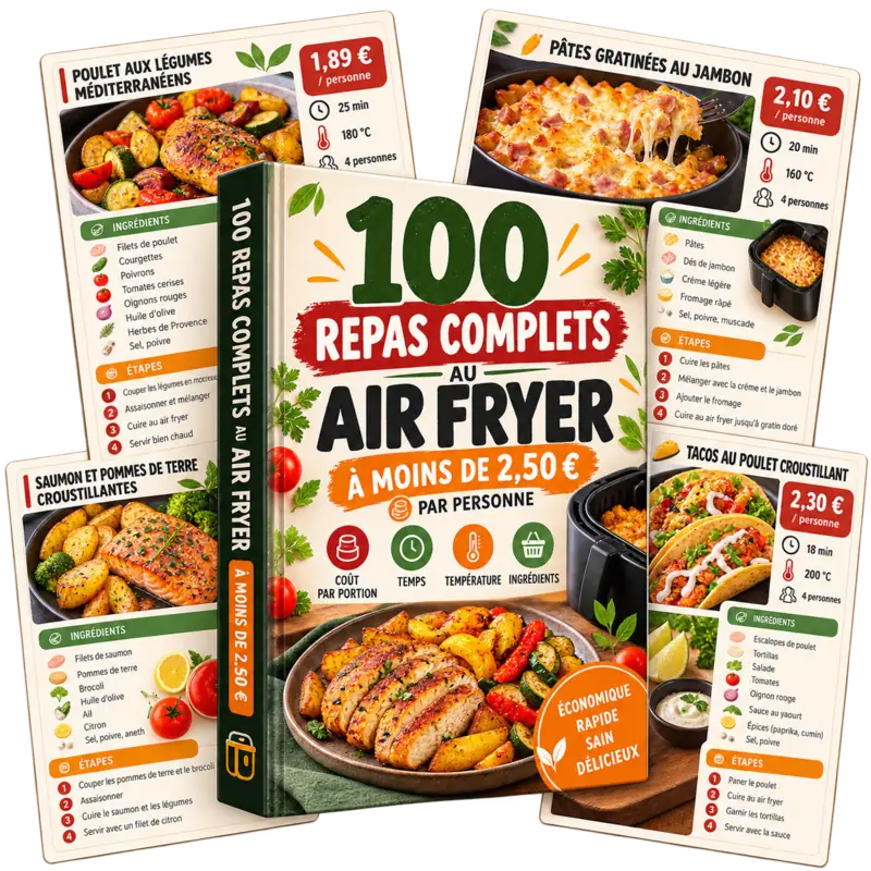 Aperçu du guide 100 Repas Complets au Air Fryer avec exemples de recettes et coûts par personne