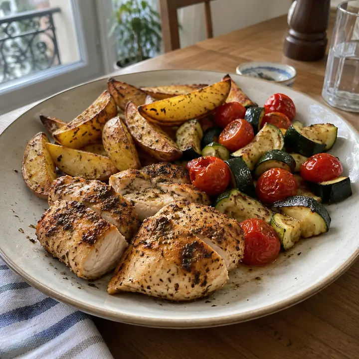 Poulet rôti, pommes de terre et légumes