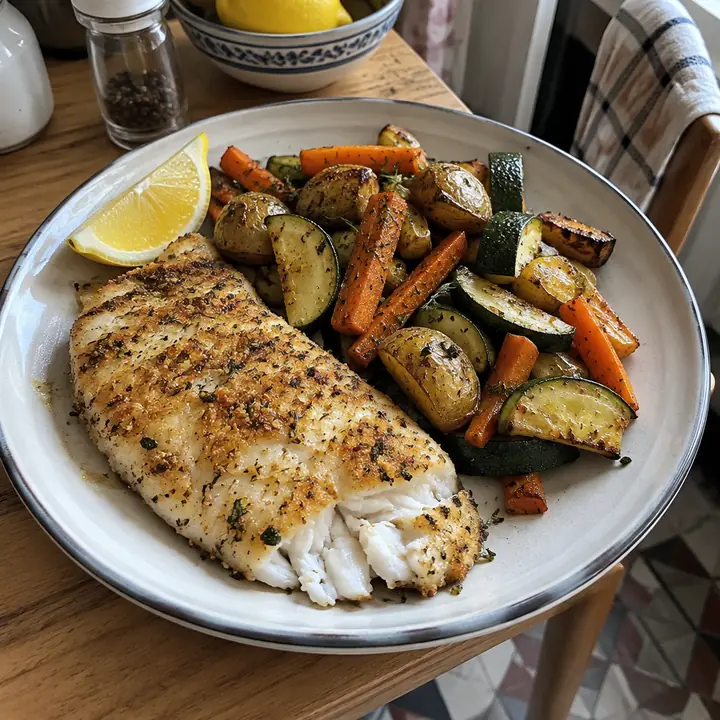 Poisson rôti et légumes